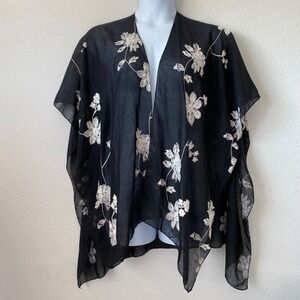 Black Kimono Cape Cardigan OS Womens Boho Floral Embroidered Sheer Gauze Light